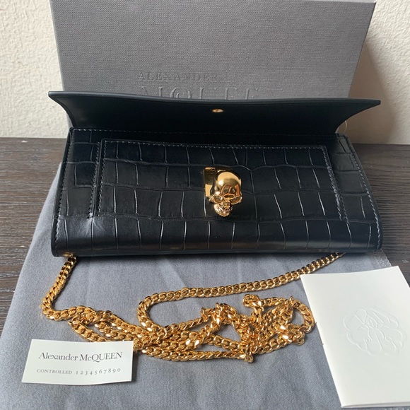 Alexandre McQueen Skull Croc Embossed Leather Wallet on a Chain - Picture 10 of 14